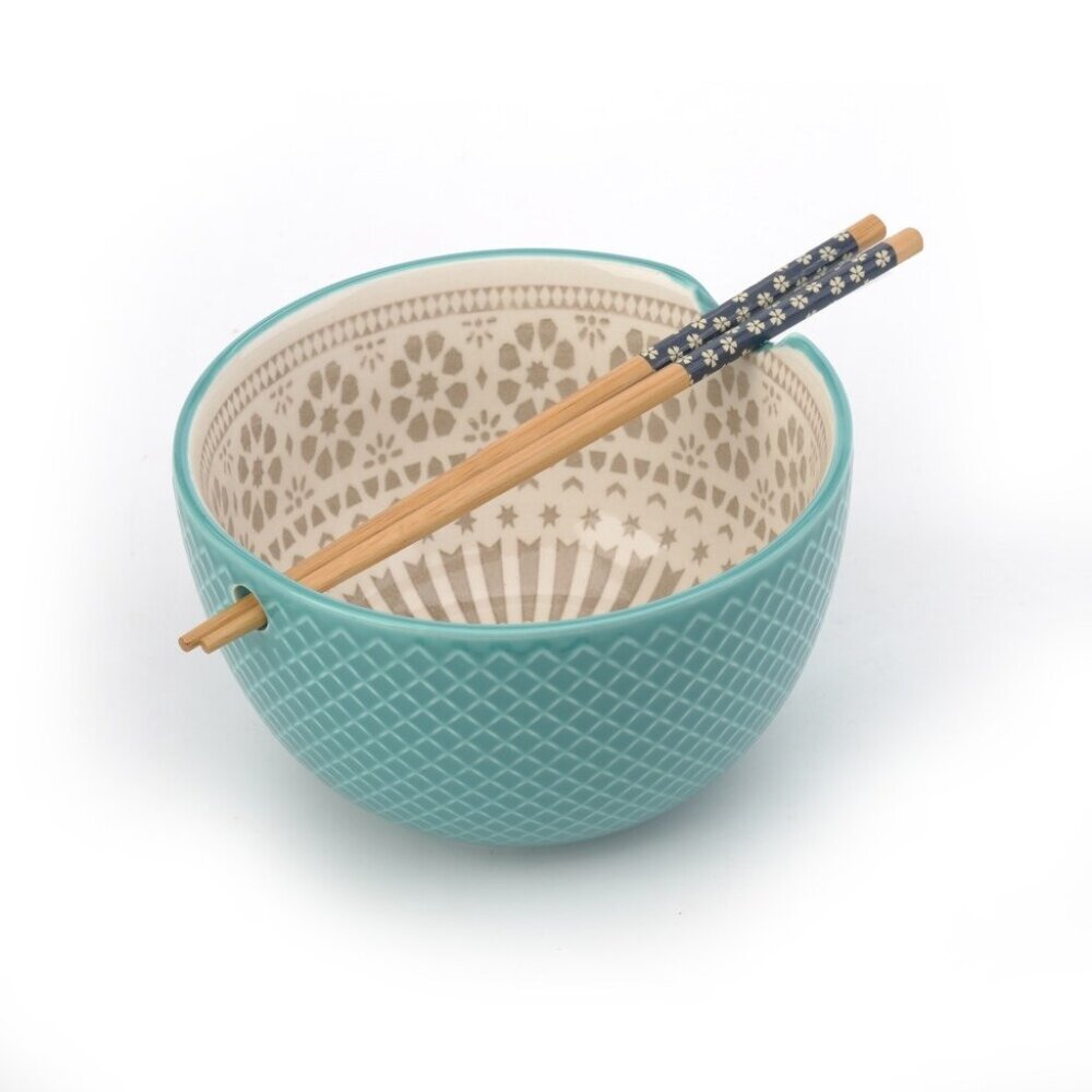 Signature Housewares Teal Ceramic Noodle Bowl with Chopsticks, New-in-Pack